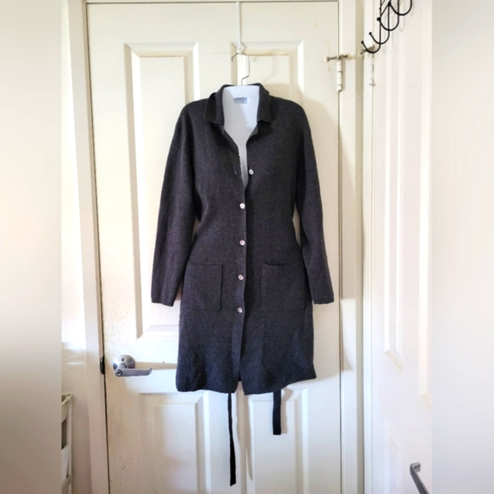 Sarah Spencer | Dark Gray Button Down Self-Tie Merino Wool Duster Cardigan - Picture 10 of 11